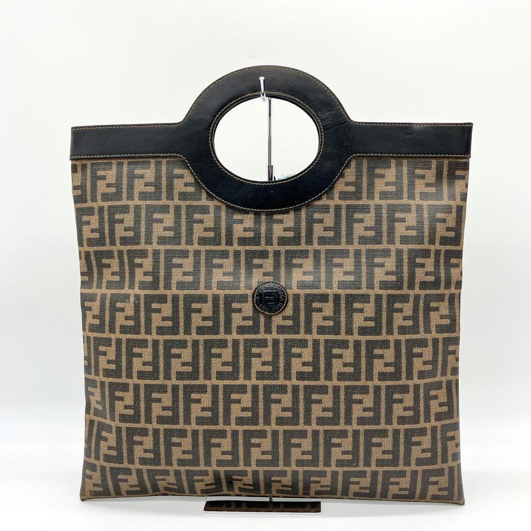 FENDI Hand Bag Tote Purse FF Zucca PVC Leather Brown Black Authentic