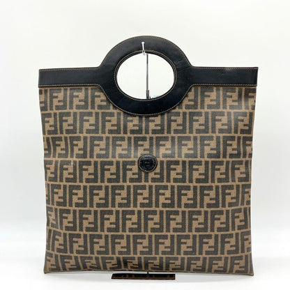 FENDI Hand Bag Tote Purse FF Zucca PVC Leather Brown Black Authentic