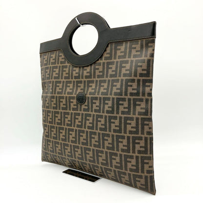 FENDI Hand Bag Tote Purse FF Zucca PVC Leather Brown Black Authentic
