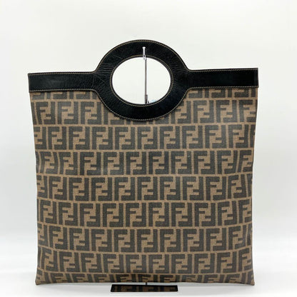 FENDI Hand Bag Tote Purse FF Zucca PVC Leather Brown Black Authentic