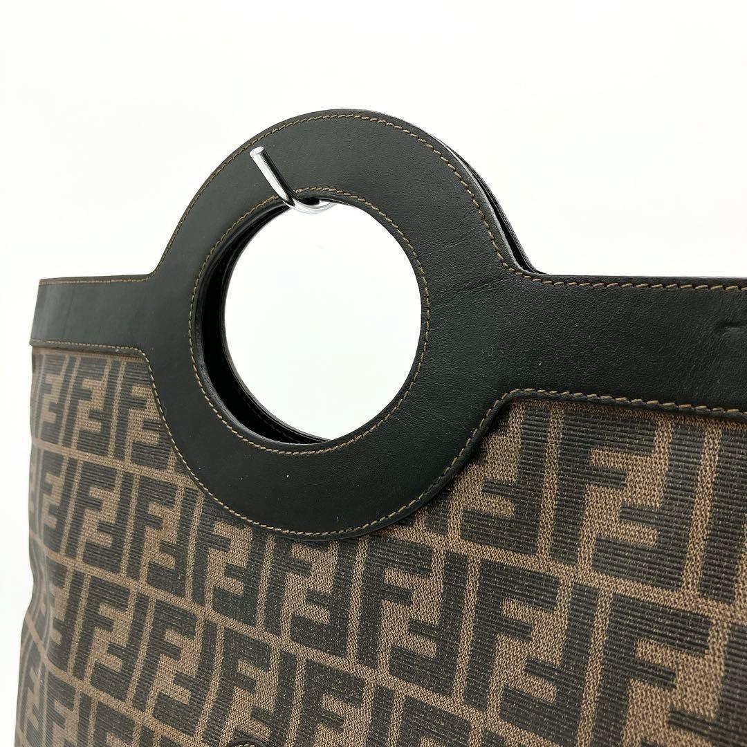 FENDI Hand Bag Tote Purse FF Zucca PVC Leather Brown Black Authentic