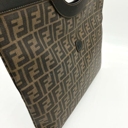FENDI Hand Bag Tote Purse FF Zucca PVC Leather Brown Black Authentic