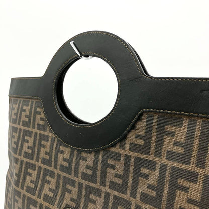 FENDI Hand Bag Tote Purse FF Zucca PVC Leather Brown Black Authentic