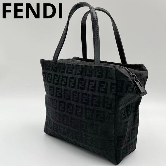 FENDI Hand Bag Tote Purse FF Zucca Nylon Leather Black Authentic