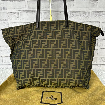 FENDI Hand Bag Tote Purse FF Zucca Canvas Leather Green Authentic