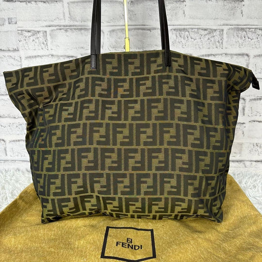 FENDI Hand Bag Tote Purse FF Zucca Canvas Leather Green Authentic
