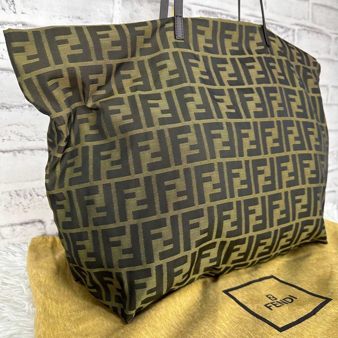 FENDI Hand Bag Tote Purse FF Zucca Canvas Leather Green Authentic