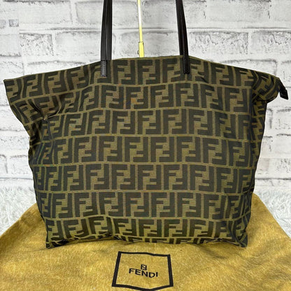 FENDI Hand Bag Tote Purse FF Zucca Canvas Leather Green Authentic