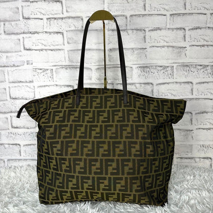 FENDI Hand Bag Tote Purse FF Zucca Canvas Leather Green Authentic