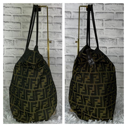 FENDI Hand Bag Tote Purse FF Zucca Canvas Leather Green Authentic