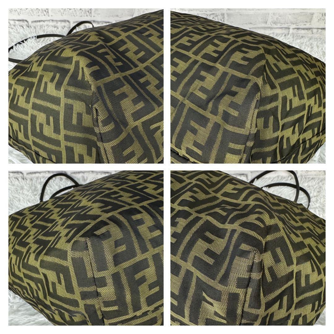 FENDI Hand Bag Tote Purse FF Zucca Canvas Leather Green Authentic