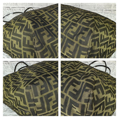 FENDI Hand Bag Tote Purse FF Zucca Canvas Leather Green Authentic