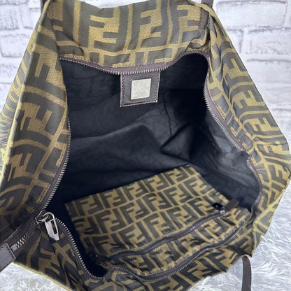 FENDI Hand Bag Tote Purse FF Zucca Canvas Leather Green Authentic