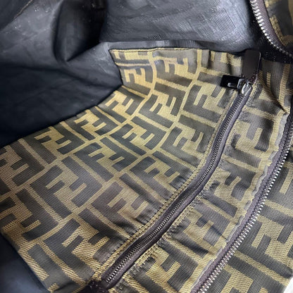 FENDI Hand Bag Tote Purse FF Zucca Canvas Leather Green Authentic