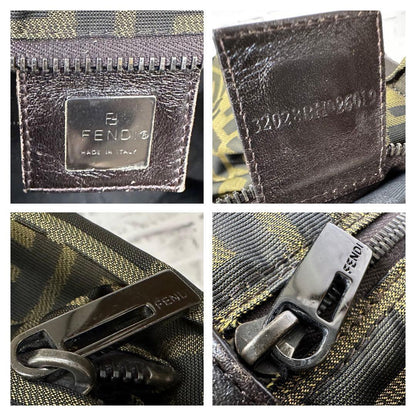 FENDI Hand Bag Tote Purse FF Zucca Canvas Leather Green Authentic