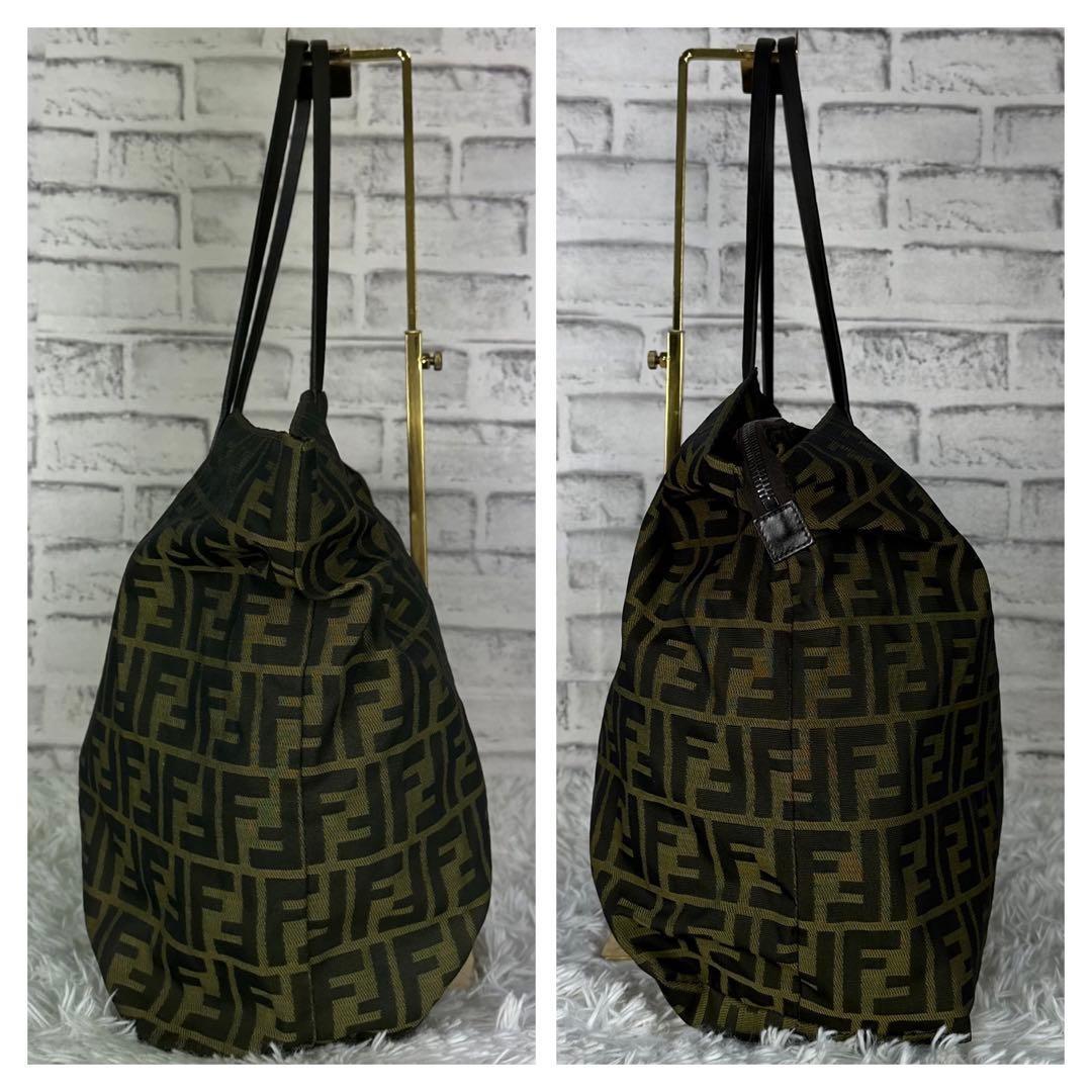 FENDI Hand Bag Tote Purse FF Zucca Canvas Leather Green Authentic