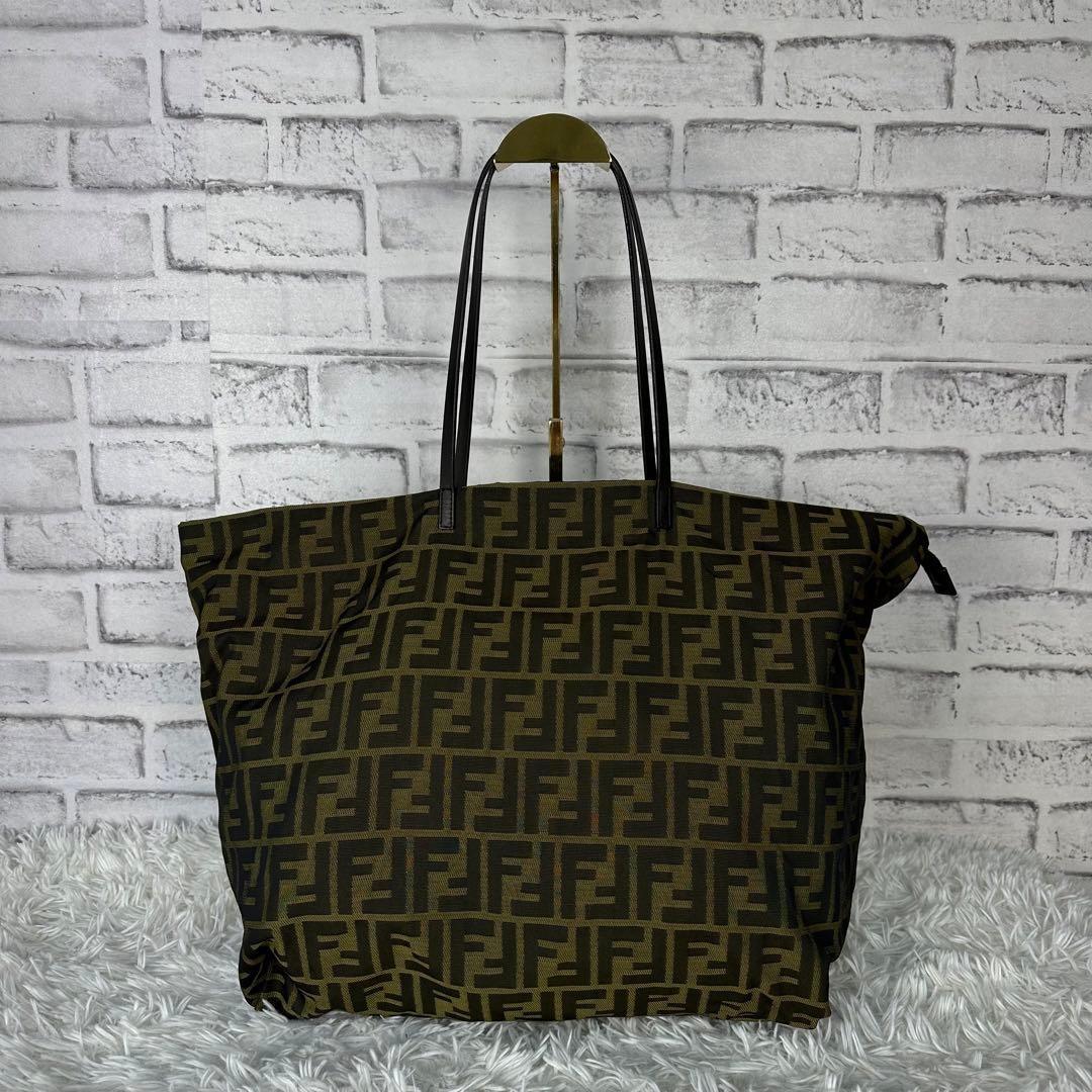 FENDI Hand Bag Tote Purse FF Zucca Canvas Leather Green Authentic