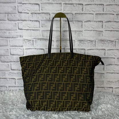 FENDI Hand Bag Tote Purse FF Zucca Canvas Leather Green Authentic