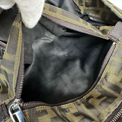 FENDI Hand Bag Tote Purse FF Zucca Canvas Leather Green Authentic