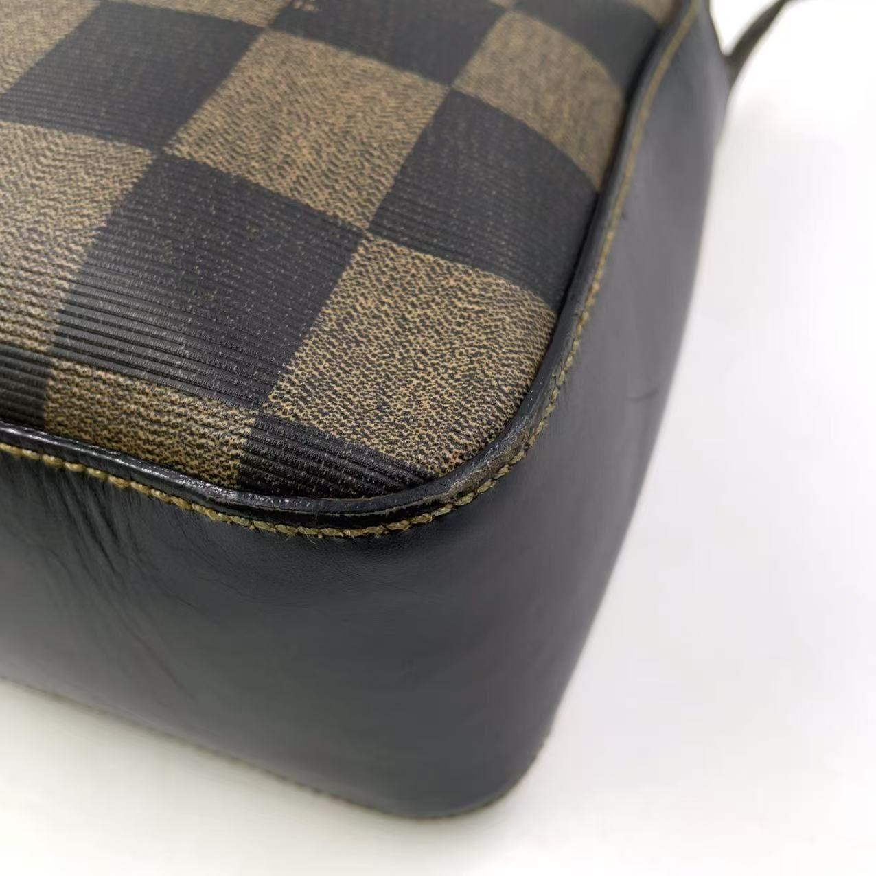 FENDI Shoulder Bag Purse Pecan Leather PVC Black Beige Authentic