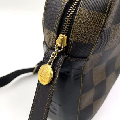 FENDI Shoulder Bag Purse Pecan Leather PVC Black Beige Authentic