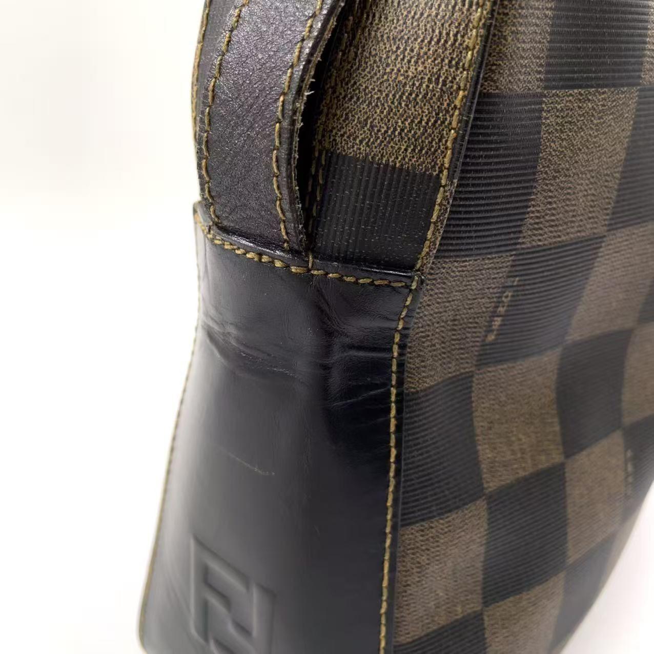 FENDI Shoulder Bag Purse Pecan Leather PVC Black Beige Authentic