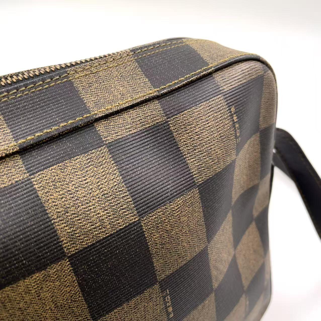 FENDI Shoulder Bag Purse Pecan Leather PVC Black Beige Authentic