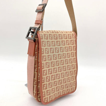 FENDI Shoulder Bag Purse FF Zucchino Canvas Leather Pink Beige Authentic