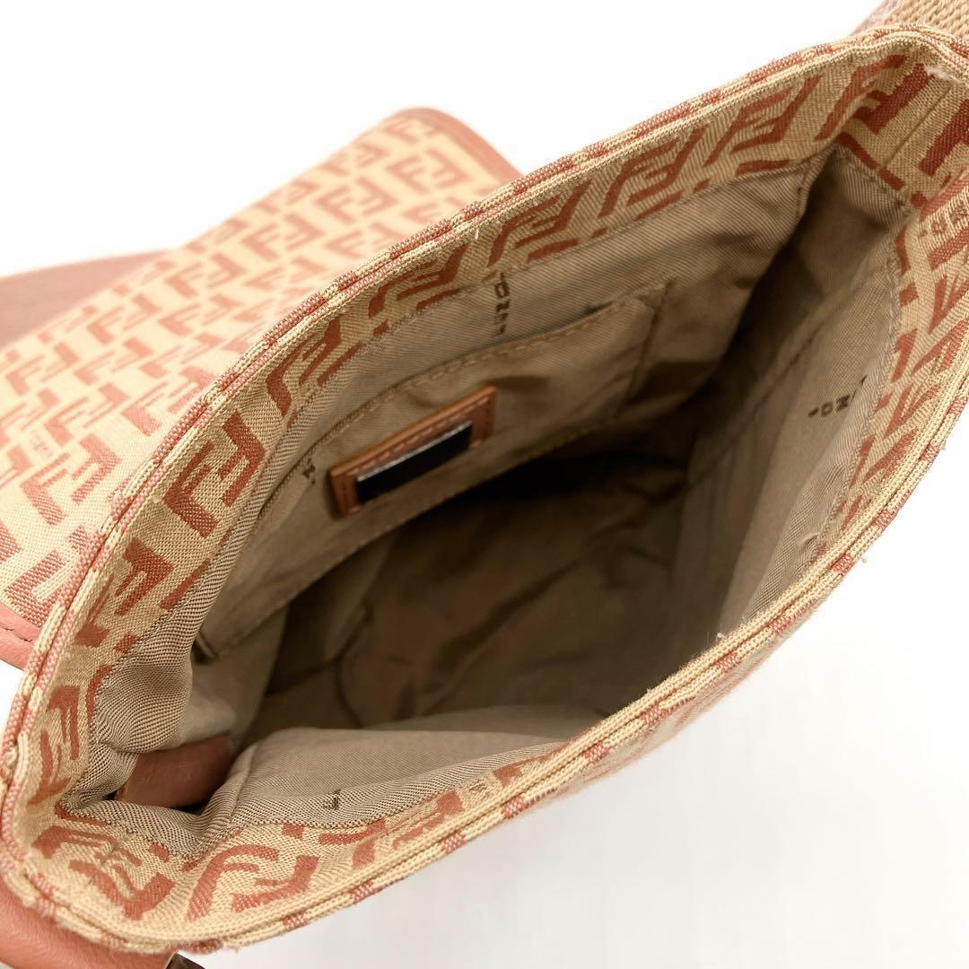 FENDI Shoulder Bag Purse FF Zucchino Canvas Leather Pink Beige Authentic