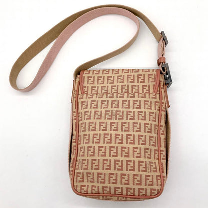 FENDI Shoulder Bag Purse FF Zucchino Canvas Leather Pink Beige Authentic