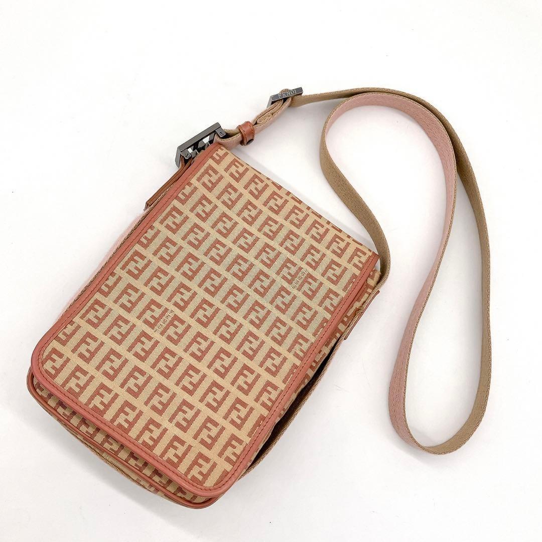 FENDI Shoulder Bag Purse FF Zucchino Canvas Leather Pink Beige Authentic