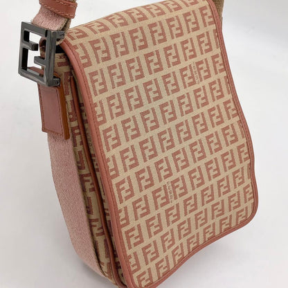 FENDI Shoulder Bag Purse FF Zucchino Canvas Leather Pink Beige Authentic