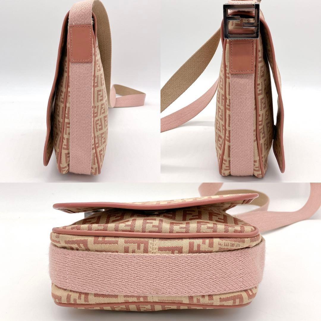 FENDI Shoulder Bag Purse FF Zucchino Canvas Leather Pink Beige Authentic