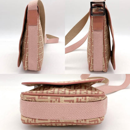 FENDI Shoulder Bag Purse FF Zucchino Canvas Leather Pink Beige Authentic