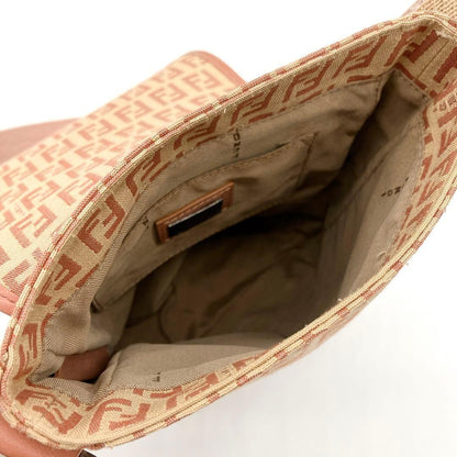 FENDI Shoulder Bag Purse FF Zucchino Canvas Leather Pink Beige Authentic