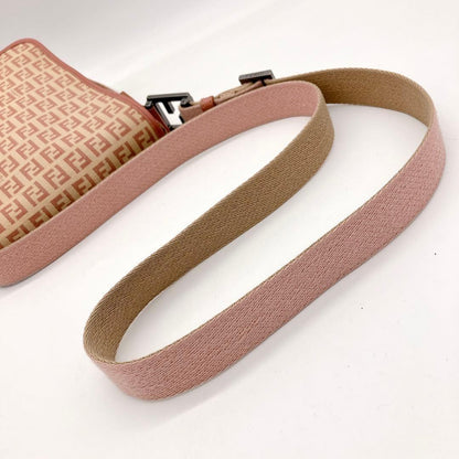 FENDI Shoulder Bag Purse FF Zucchino Canvas Leather Pink Beige Authentic