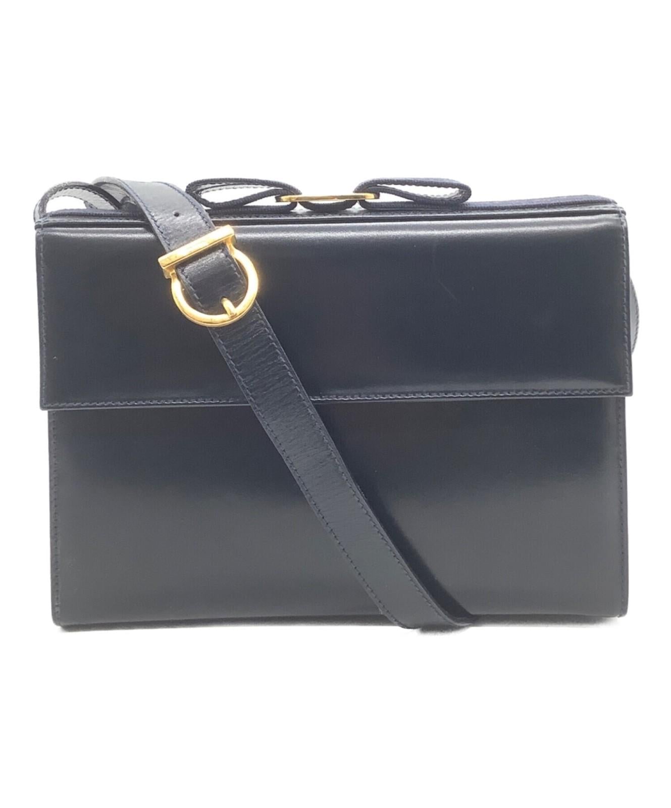 Salvatore Ferragamo Shoulder Bag Purse Leather Navy Black Authentic