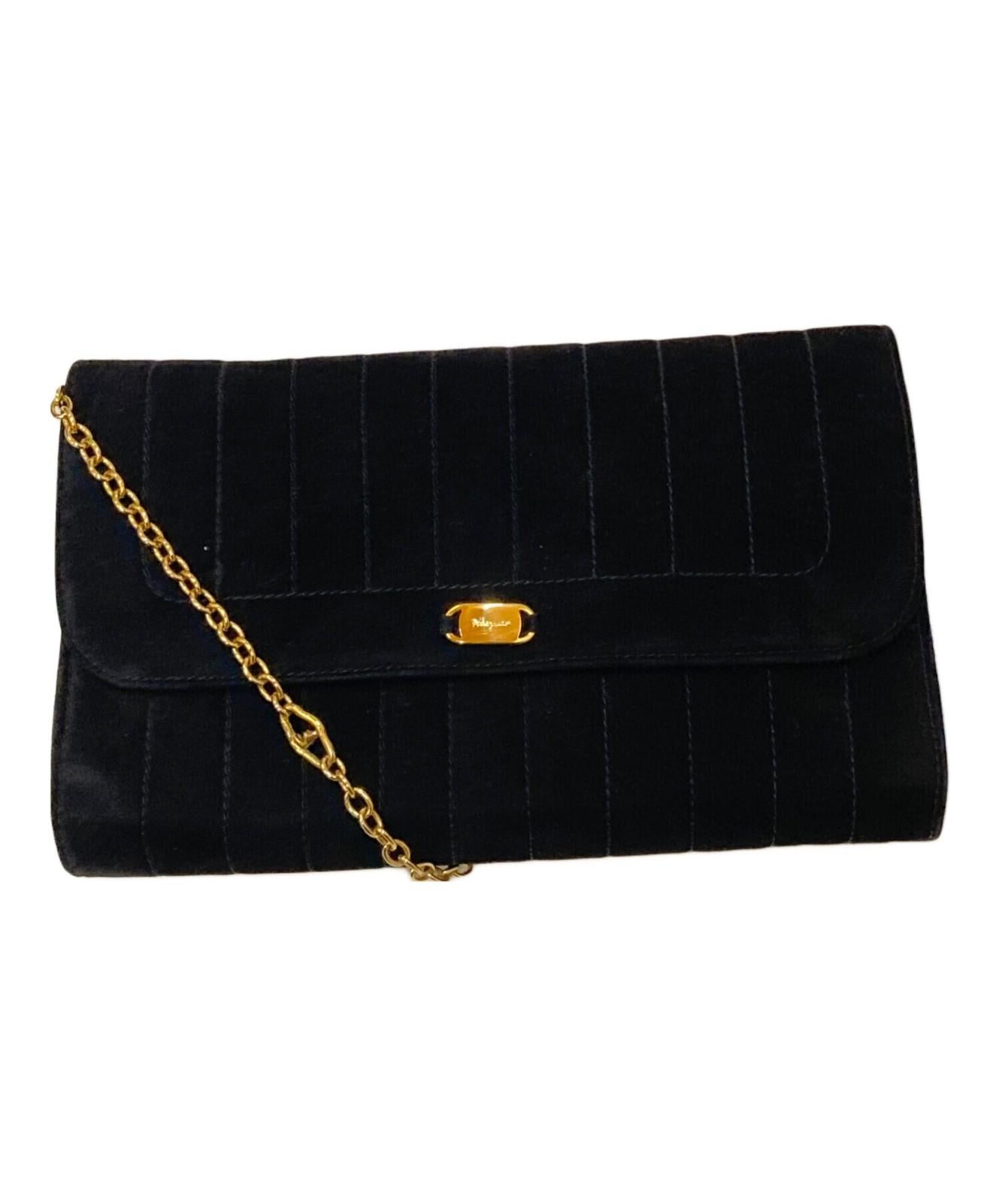 Salvatore Ferragamo Shoulder Bag Purse Vara Chain Suede Black Authentic