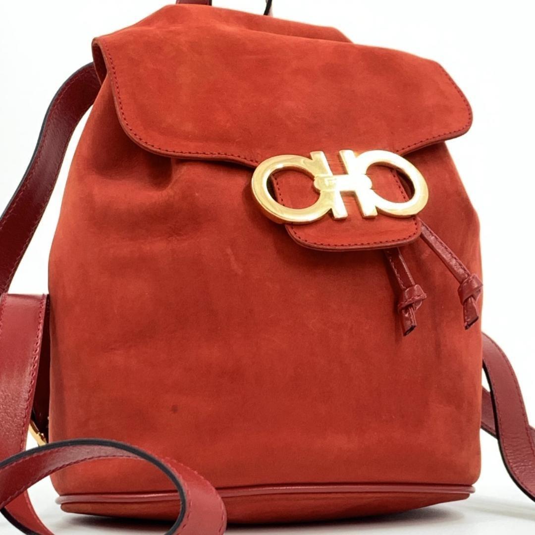 Salvatore Ferragamo Backpack Gancini Suede Leather Red Authentic