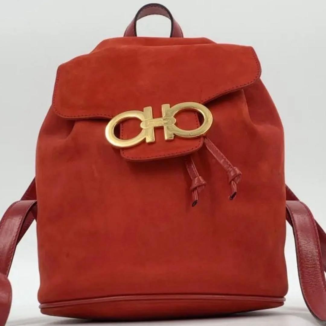 Salvatore Ferragamo Backpack Gancini Suede Leather Red Authentic