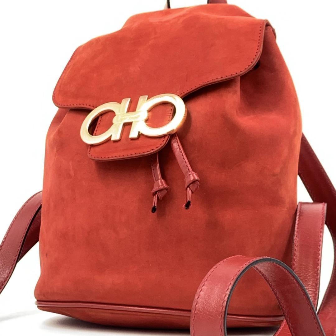 Salvatore Ferragamo Backpack Gancini Suede Leather Red Authentic