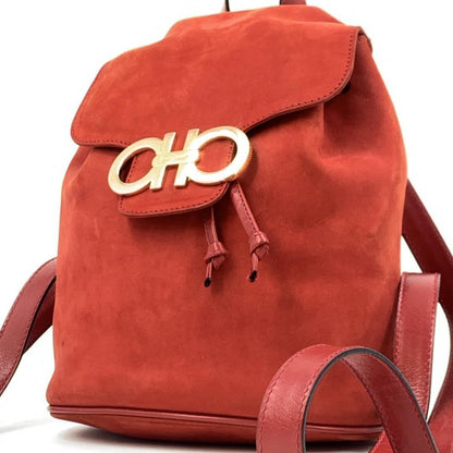 Salvatore Ferragamo Backpack Gancini Suede Leather Red Authentic