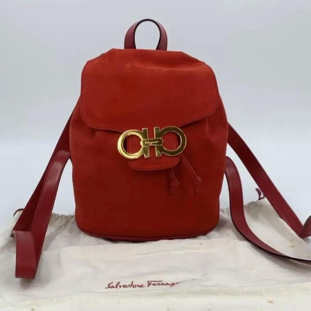 Salvatore Ferragamo Backpack Gancini Suede Leather Red Authentic
