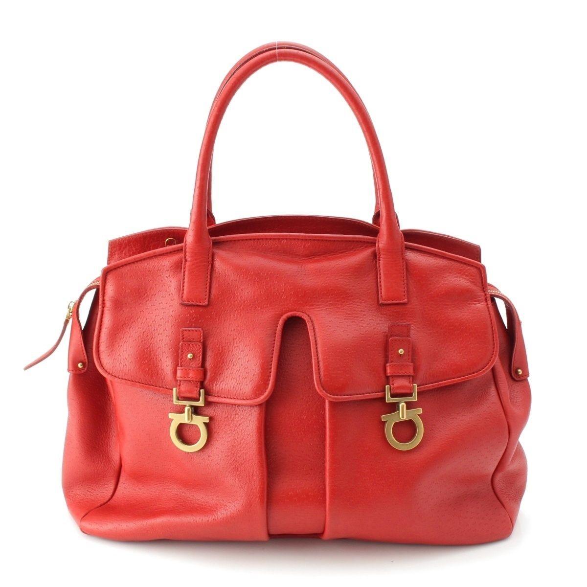 Salvatore Ferragamo Hand Shoulder Bag Tote Purse 2way Gancini Leather Red Auth