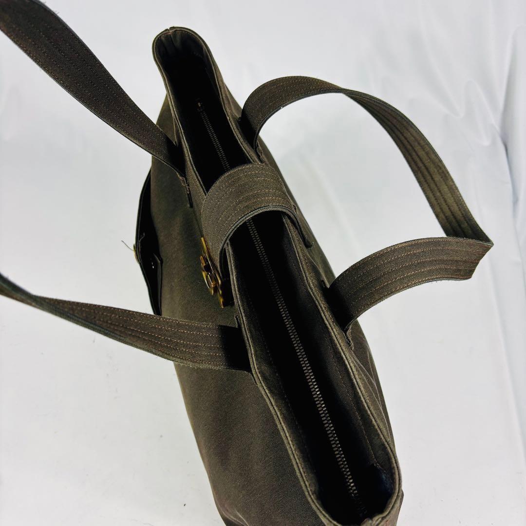 Salvatore Ferragamo Hand Bag Tote Purse Gancini Canvas Dark Olive Authentic