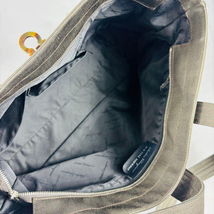 Salvatore Ferragamo Hand Bag Tote Purse Gancini Canvas Dark Olive Authentic