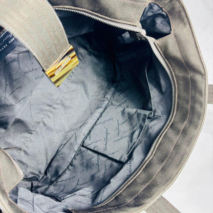 Salvatore Ferragamo Hand Bag Tote Purse Gancini Canvas Dark Olive Authentic