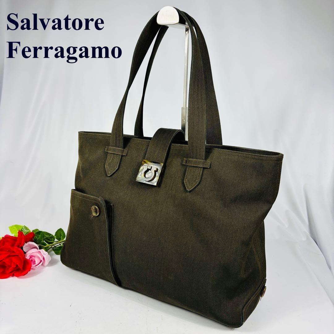Salvatore Ferragamo Hand Bag Tote Purse Gancini Canvas Dark Olive Authentic