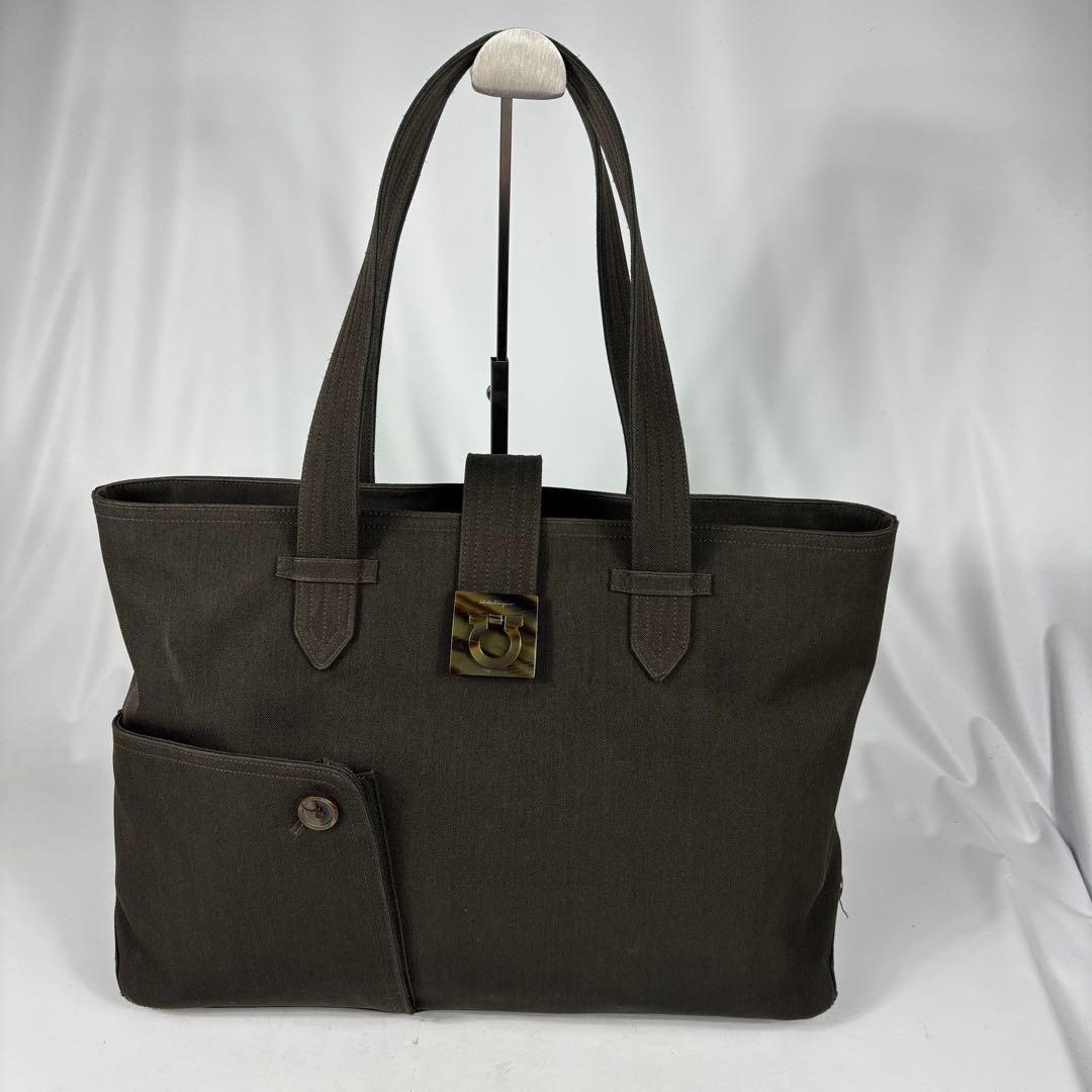Salvatore Ferragamo Hand Bag Tote Purse Gancini Canvas Dark Olive Authentic
