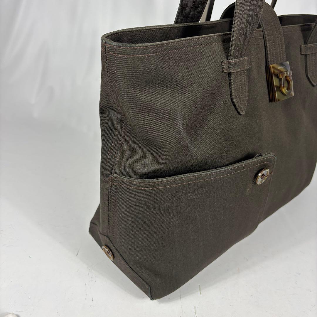 Salvatore Ferragamo Hand Bag Tote Purse Gancini Canvas Dark Olive Authentic